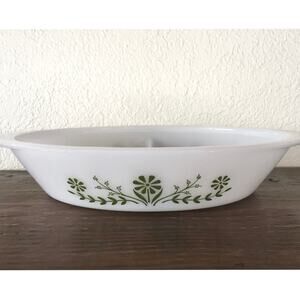 Glasbake Vintage 70s Green Daisy Divided Dish J2352 Casserole Kitschy Milk Glass